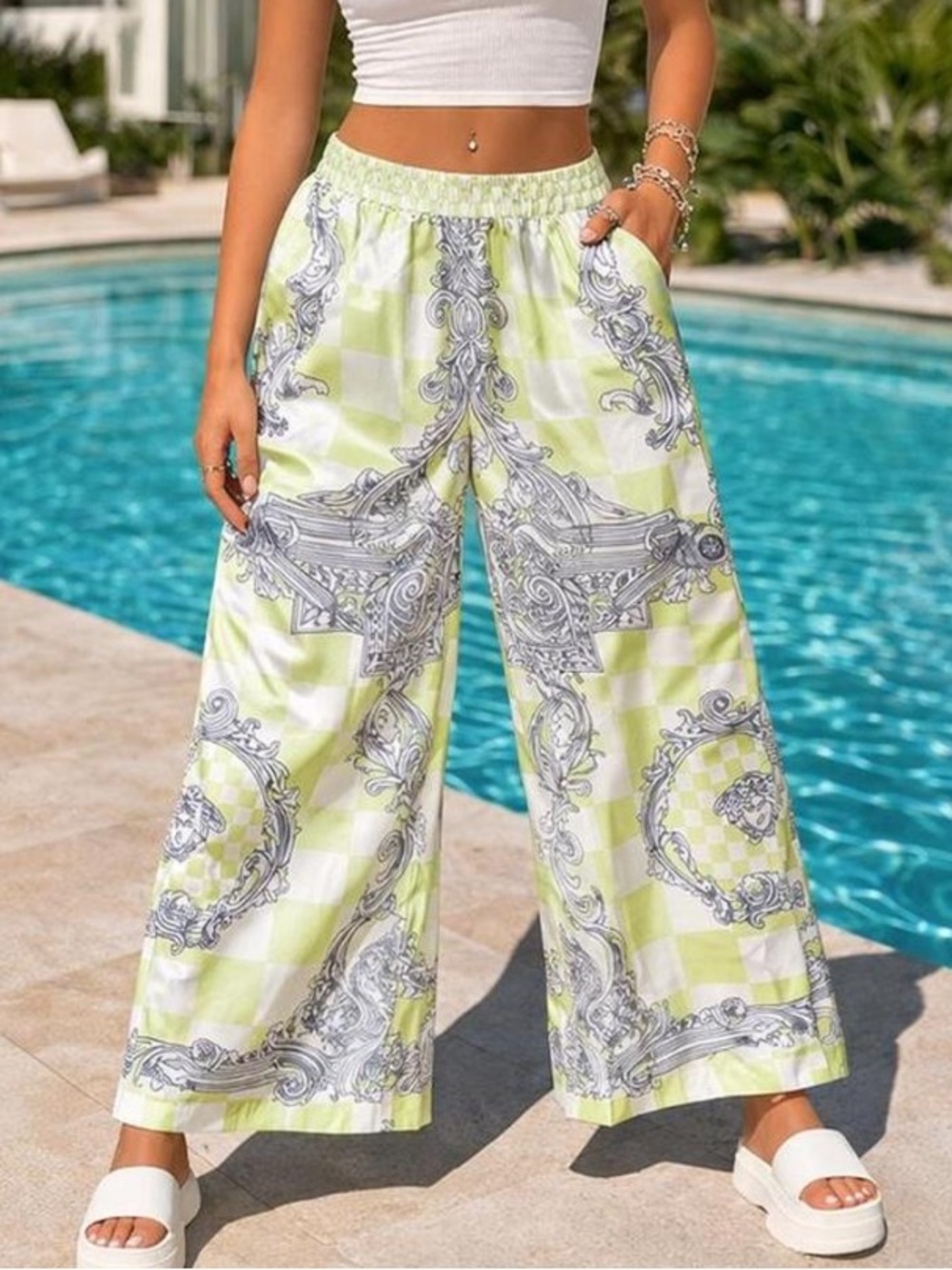 Akira lime green baroque checkerboard satin sheen wide leg pants sz small NWT
